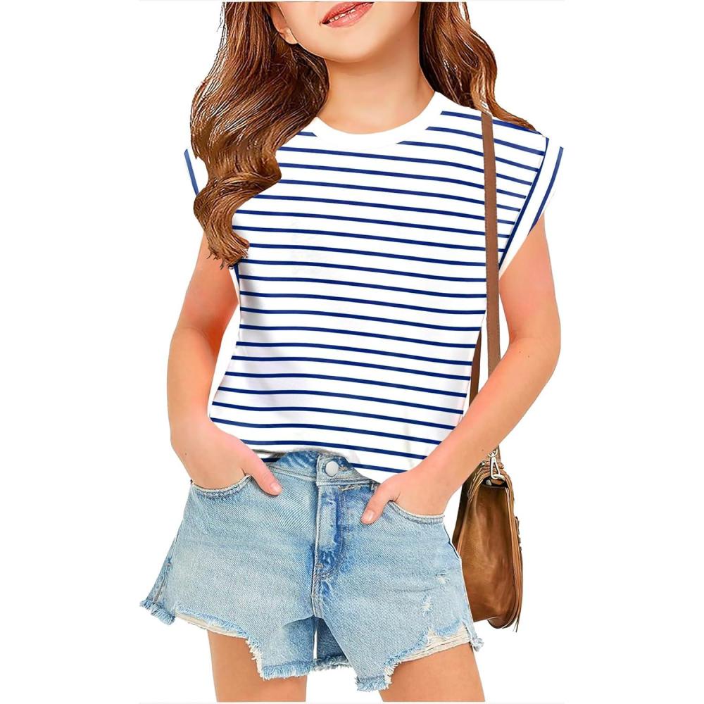 image:imageArshiner Girls T Shirts Cap Sleeves Casual Summer Tops Crewneck Tank Loose Fit Fashion Blouse TeeNavy Blue Stripe