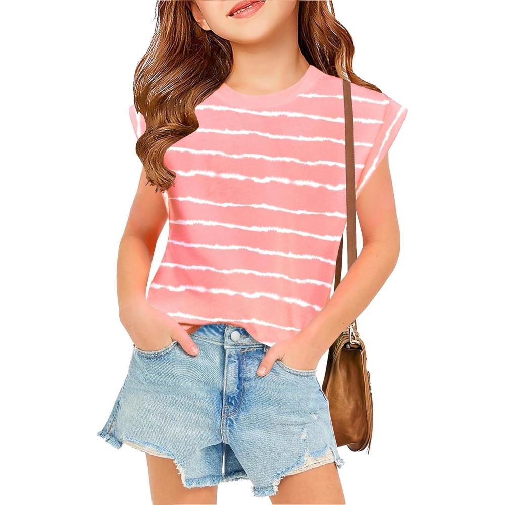 image:imageArshiner Girls T Shirts Cap Sleeves Casual Summer Tops Crewneck Tank Loose Fit Fashion Blouse TeePinkwhite Stripe