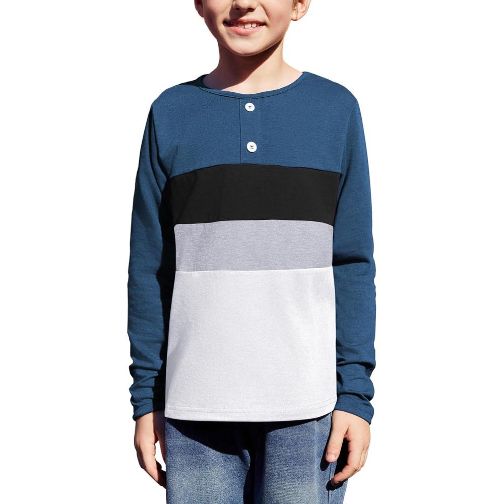 image:imageArshiner Kids Boys Henley Shirts Cotton Long Sleeve Crewneck TShirts Color Block Tee Tops 312 YearsDark Blue