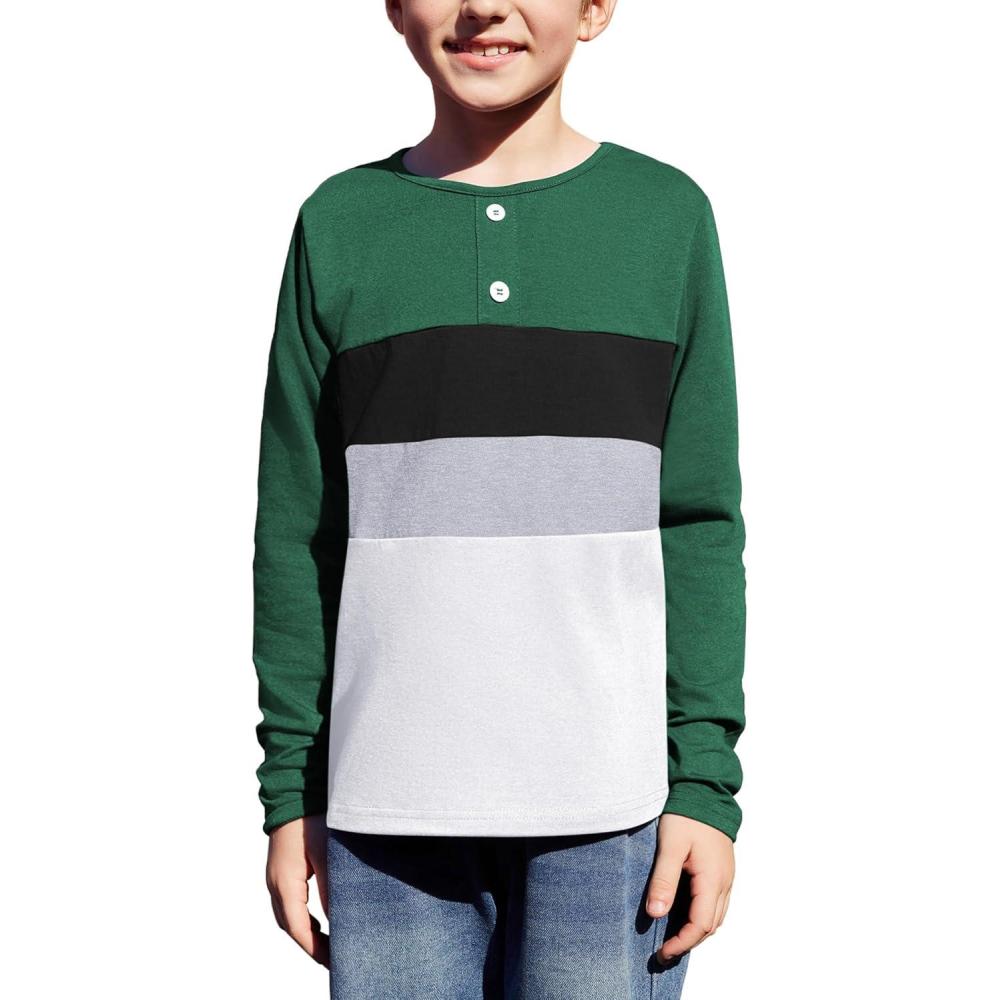 image:imageArshiner Kids Boys Henley Shirts Cotton Long Sleeve Crewneck TShirts Color Block Tee Tops 312 YearsDark Green