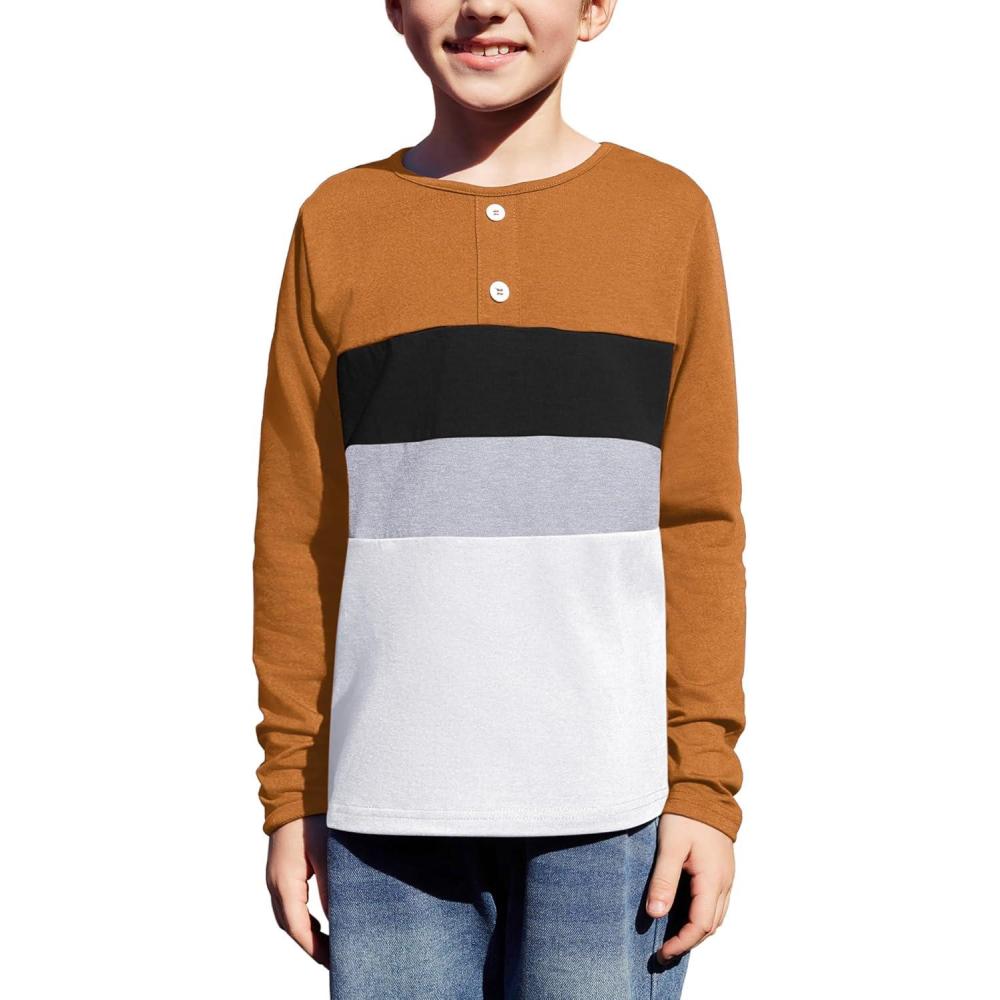image:imageArshiner Kids Boys Henley Shirts Cotton Long Sleeve Crewneck TShirts Color Block Tee Tops 312 YearsLight Brown