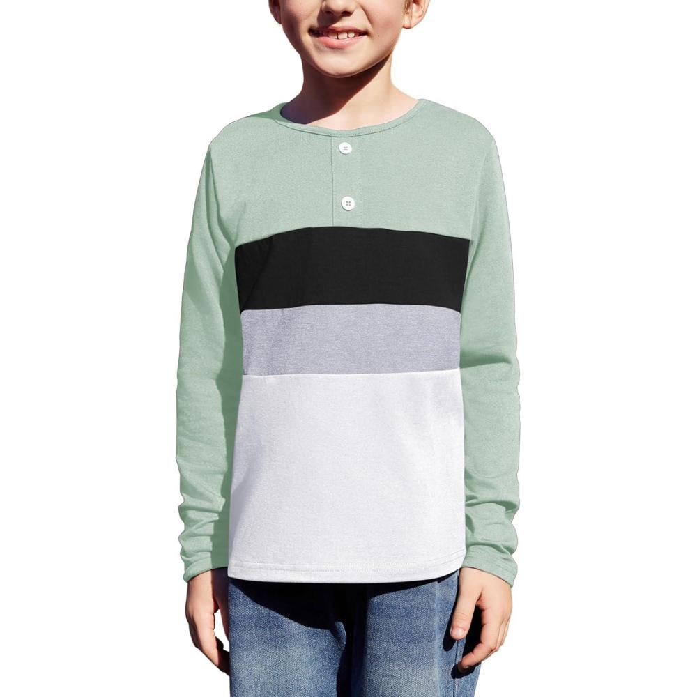 image:imageArshiner Kids Boys Henley Shirts Cotton Long Sleeve Crewneck TShirts Color Block Tee Tops 312 YearsLight Green