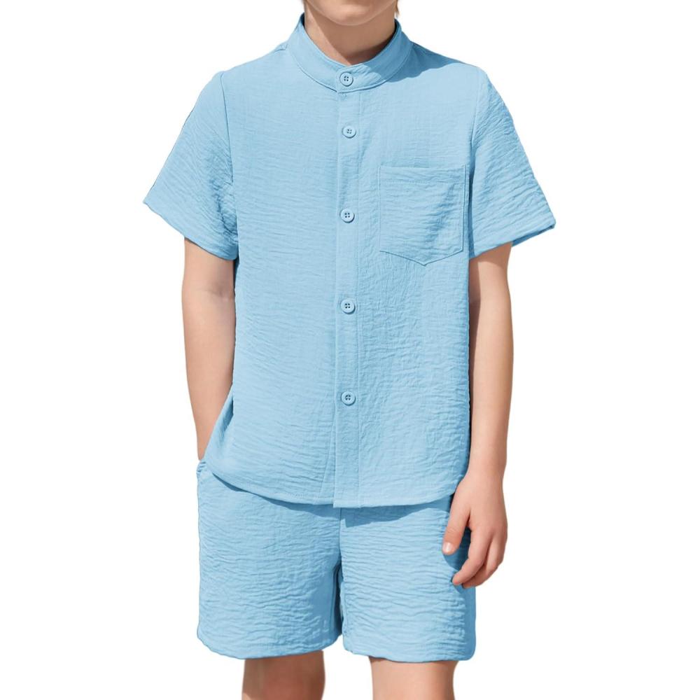 image:imageArshiner Toddler Boys 2 Piece Set Short Sleeve Button Down Shirt and Shorts Vacation Texture Outfits with Pocket 28 YearsLight Blue