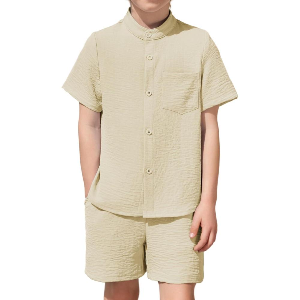 image:imageArshiner Toddler Boys 2 Piece Set Short Sleeve Button Down Shirt and Shorts Vacation Texture Outfits with Pocket 28 YearsLight Khaki