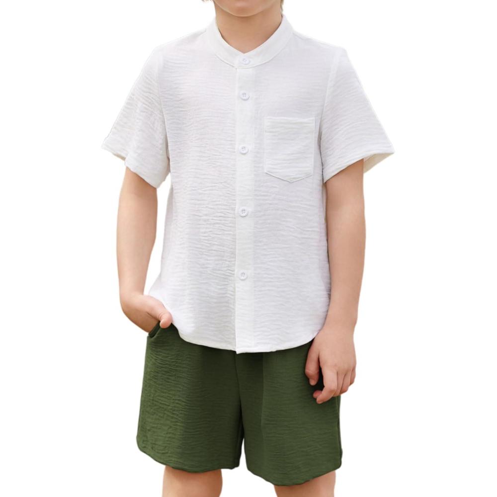 image:imageArshiner Toddler Boys 2 Piece Set Short Sleeve Button Down Shirt and Shorts Vacation Texture Outfits with Pocket 28 YearsWhite Green