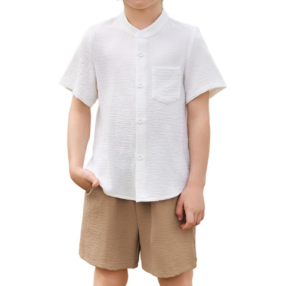 image:imageArshiner Toddler Boys 2 Piece Set Short Sleeve Button Down Shirt and Shorts Vacation Texture Outfits with Pocket 28 YearsWhite Khaki