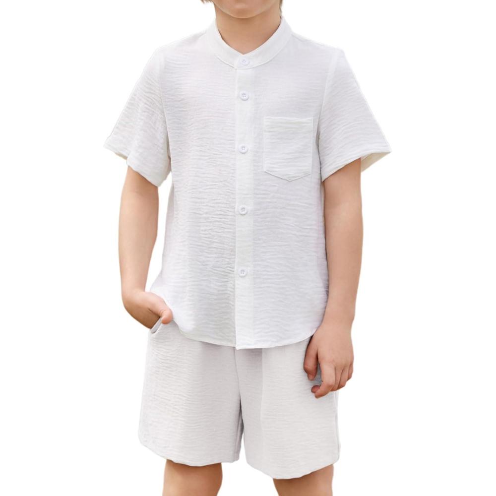 image:imageArshiner Toddler Boys 2 Piece Set Short Sleeve Button Down Shirt and Shorts Vacation Texture Outfits with Pocket 28 YearsWhite
