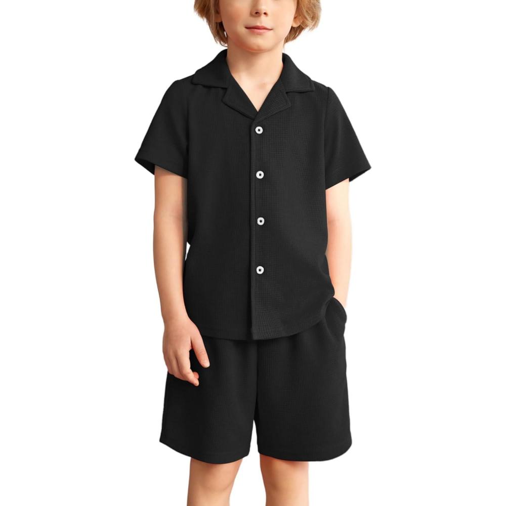 image:imageArshiner Toddler Boys 2 Piece Summer Outfits Waffle Knit Short Sleeve Button Down Shirt amp Casual Shorts Sets Size 27Black