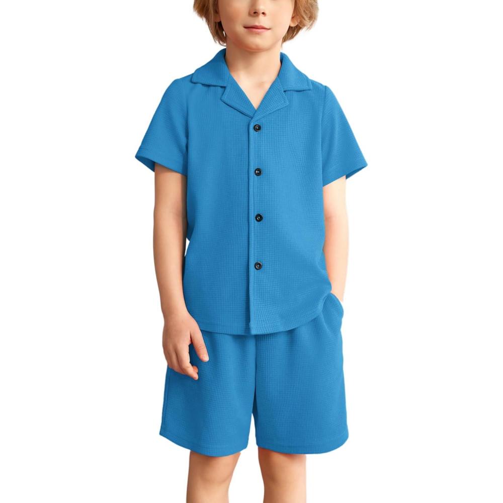 image:imageArshiner Toddler Boys 2 Piece Summer Outfits Waffle Knit Short Sleeve Button Down Shirt amp Casual Shorts Sets Size 27Blue