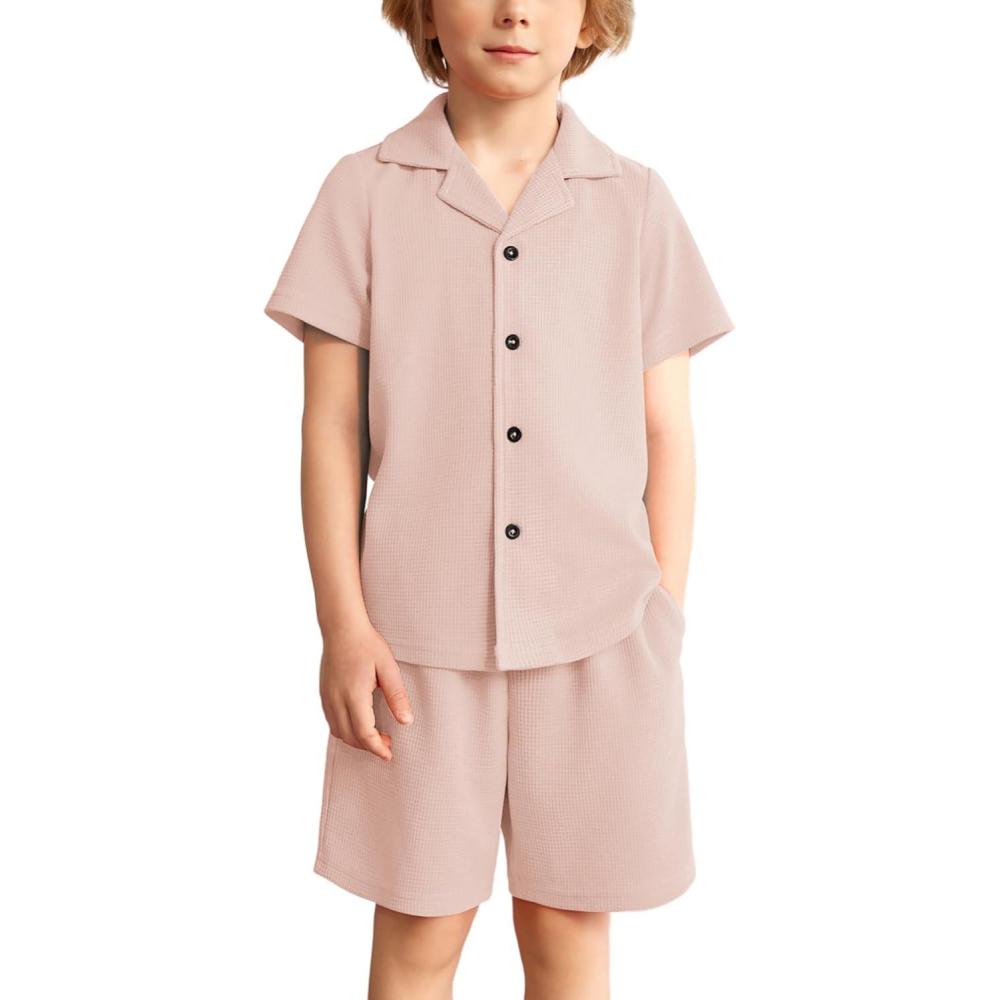 image:imageArshiner Toddler Boys 2 Piece Summer Outfits Waffle Knit Short Sleeve Button Down Shirt amp Casual Shorts Sets Size 27Champagne