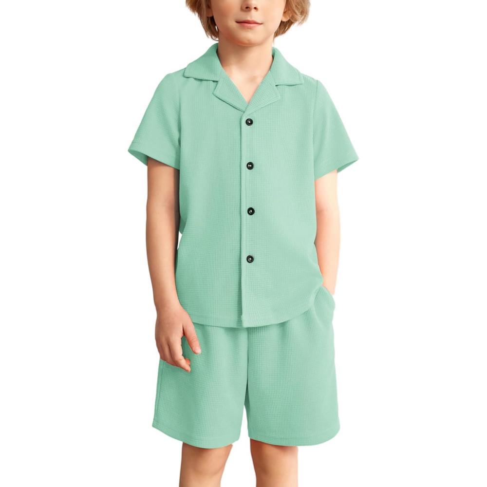 image:imageArshiner Toddler Boys 2 Piece Summer Outfits Waffle Knit Short Sleeve Button Down Shirt amp Casual Shorts Sets Size 27Light Green