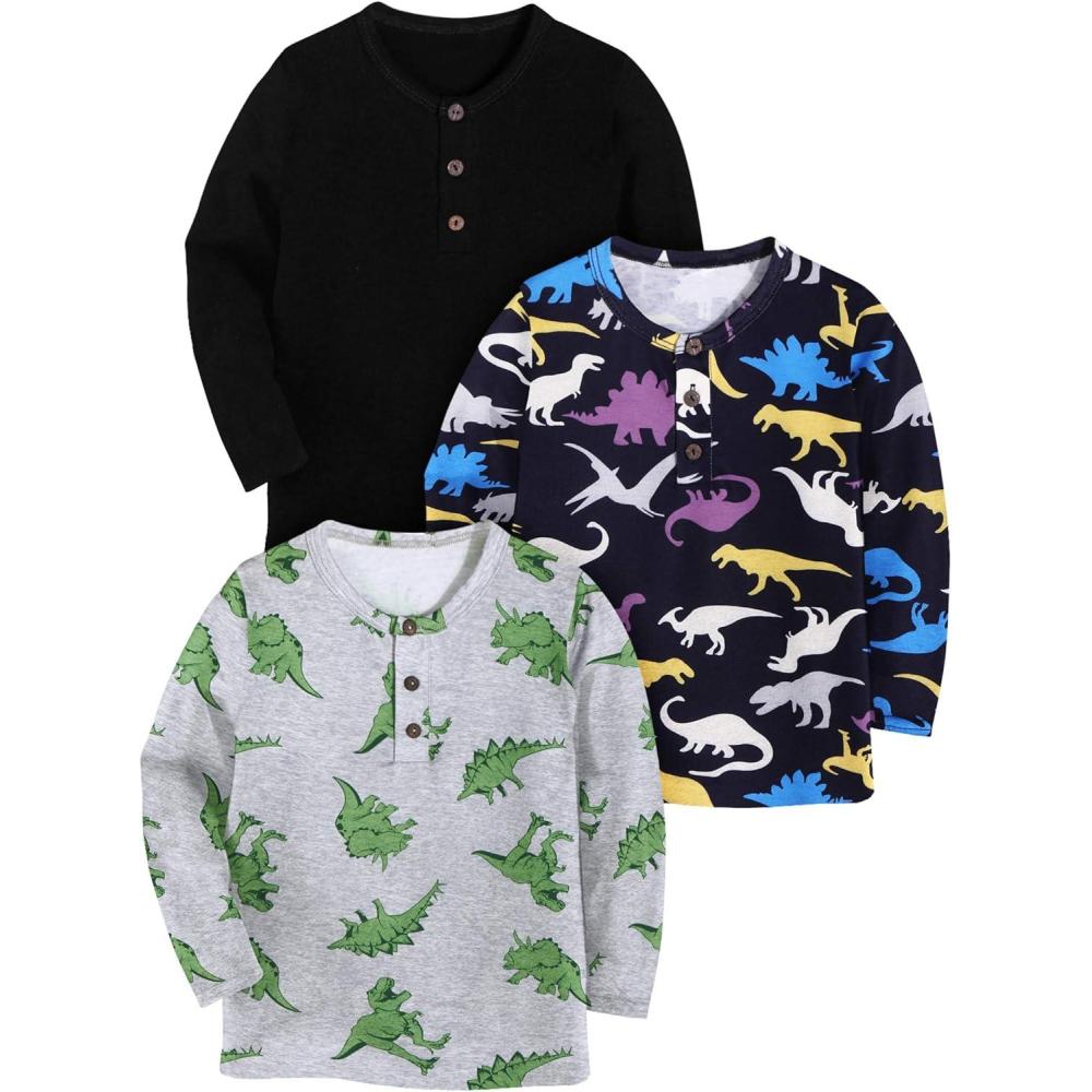 image:imageArshiner Toddler Boys 3 Pack LongSleeve Henley TShirts Casual Cotton Graphic Shirt for 29 YearsBlackBlack PrintGrey Print