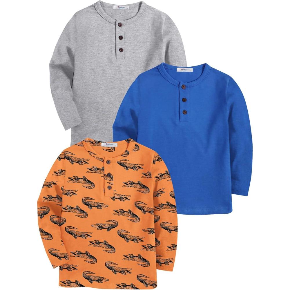 image:imageArshiner Toddler Boys 3 Pack LongSleeve Henley TShirts Casual Cotton Graphic Shirt for 29 YearsOrange PrintBlueGray