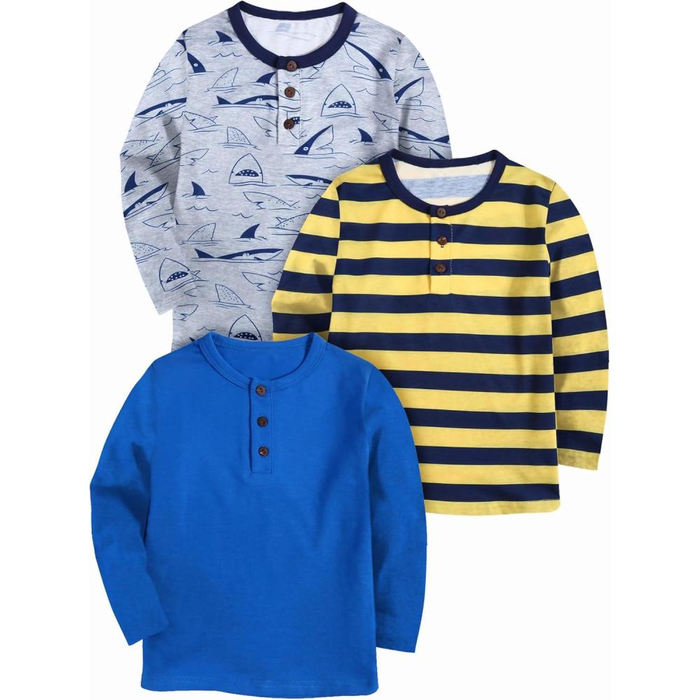 image:imageArshiner Toddler Boys 3 Pack LongSleeve Henley TShirts Casual Cotton Graphic Shirt for 29 YearsRoyal BlueYellow StripeGrey Print