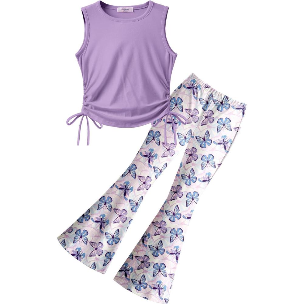 image:imageArshiner Toddler Girl Clothes 2 Piece Outfits Side Adjustable Drawstrings Tank Tops and Flare Leggings Pant SetPurple Butterfly