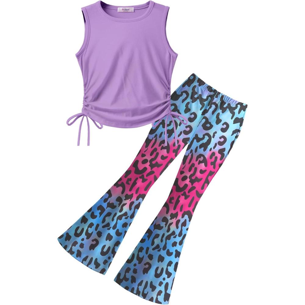 image:imageArshiner Toddler Girl Clothes 2 Piece Outfits Side Adjustable Drawstrings Tank Tops and Flare Leggings Pant SetPurple Leopard