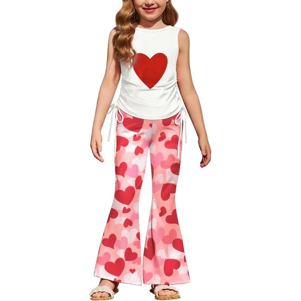 image:imageArshiner Toddler Girl Clothes 2 Piece Outfits Side Adjustable Drawstrings Tank Tops and Flare Leggings Pant SetRed Heart