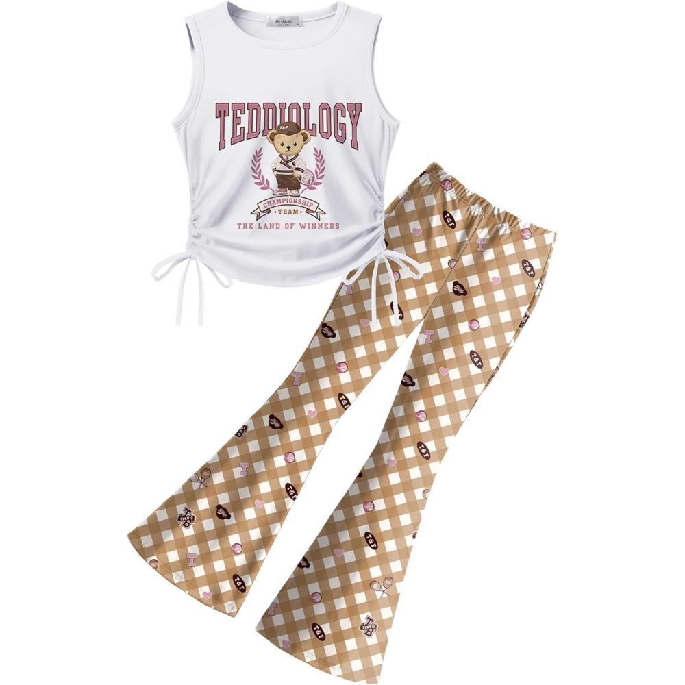 image:imageArshiner Toddler Girl Clothes 2 Piece Outfits Side Adjustable Drawstrings Tank Tops and Flare Leggings Pant SetWhite Brown