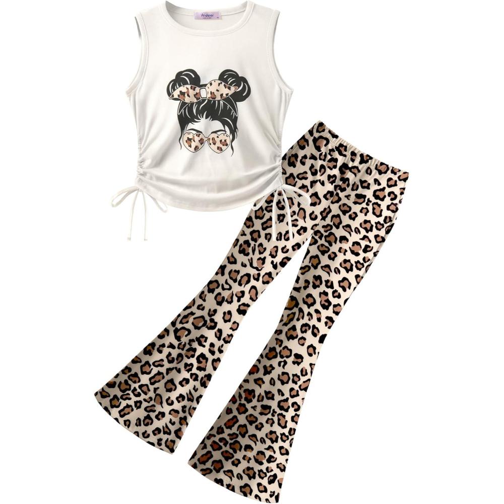 image:imageArshiner Toddler Girl Clothes 2 Piece Outfits Side Adjustable Drawstrings Tank Tops and Flare Leggings Pant SetWhite Leopard