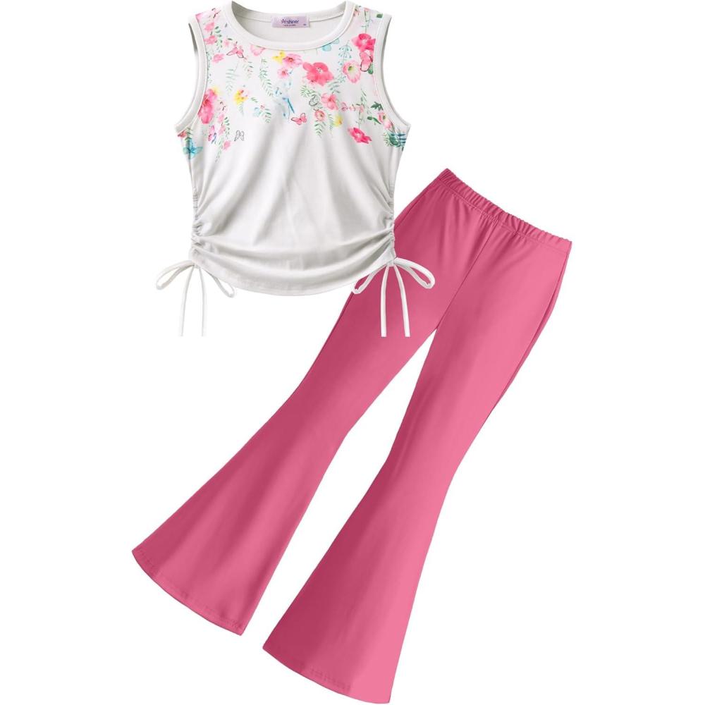 image:imageArshiner Toddler Girl Clothes 2 Piece Outfits Side Adjustable Drawstrings Tank Tops and Flare Leggings Pant SetWhite Rose Red
