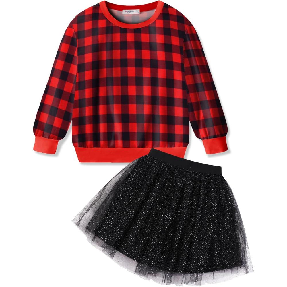 image:imageArshiner Toddler Girl Clothes Long Sleeve Pullover Sweatshirt and Tutu Skirt 2 Piece Outfits Kids Clothing Set Party DressRed Plaid