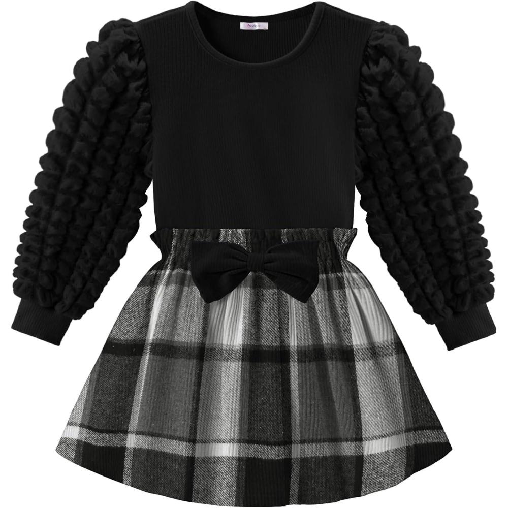 image:imageArshiner Toddler Girl Skirt Set 2Pcs Outfits Puff Sleeve Knit Tops and Flared Mini Skirts with Bowknot Kids Cute Clothes 16Blackwhite Plaid