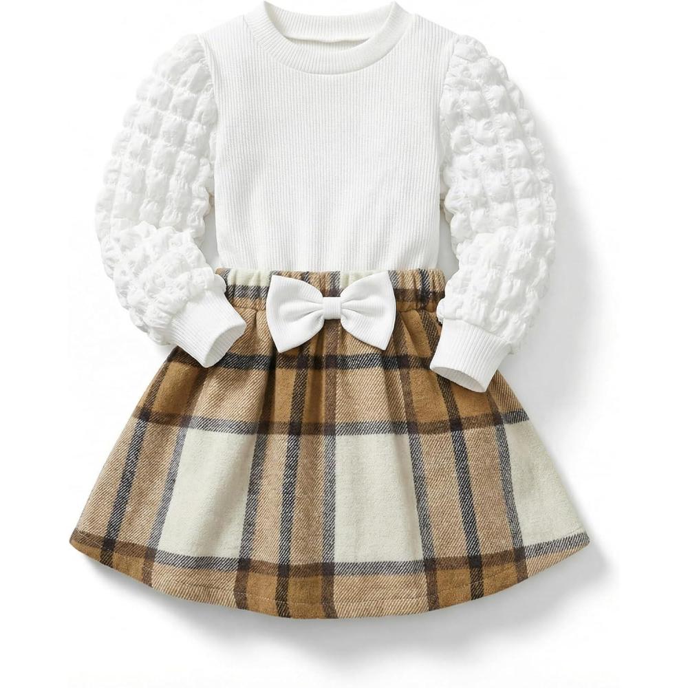 image:imageArshiner Toddler Girl Skirt Set 2Pcs Outfits Puff Sleeve Knit Tops and Flared Mini Skirts with Bowknot Kids Cute Clothes 16Whitebrown