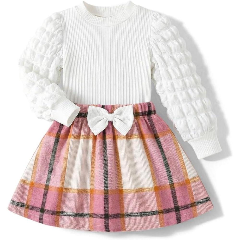 image:imageArshiner Toddler Girl Skirt Set 2Pcs Outfits Puff Sleeve Knit Tops and Flared Mini Skirts with Bowknot Kids Cute Clothes 16Whitepink Plaid