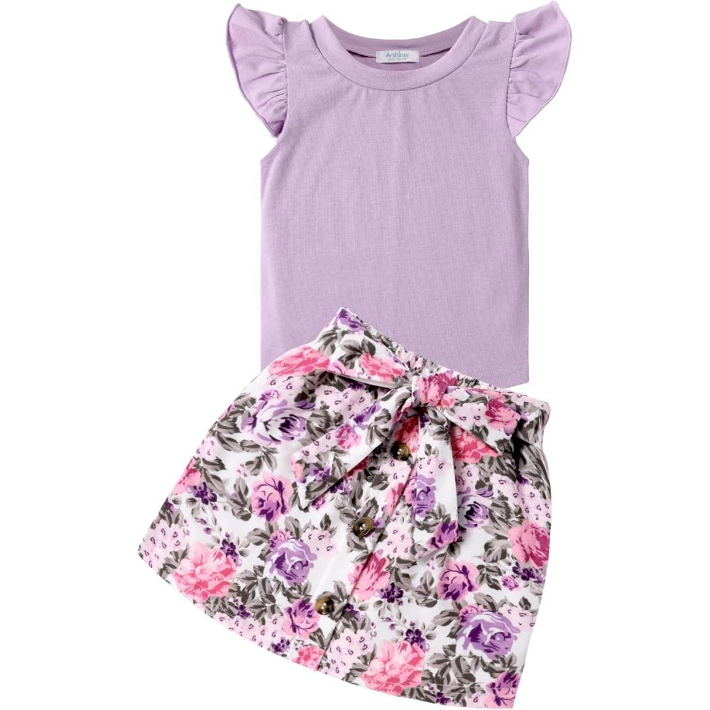 image:imageArshiner Toddler Girls Skirt Sets Summer 2 Pieces Outfits Ruffle Sleeveless Tops and Belt Skirts with Pocket Clothing SetPurplefloral