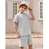 Arshiner Boy’s 2 Pieces Cotton Linen Set Casual Henley Shirts Short Sleeve Beach Shorts Summer Outfits for 5-12 Years(Light Grey)