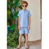 Arshiner Boy’s 2 Pieces Linen Sets Short Sleeve Henley Shirt and Shorts Summer Beach Matching Outfits 5-12 Years(Light Blue)
