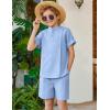 Arshiner Boy’s 2 Pieces Linen Sets Short Sleeve Henley Shirt and Shorts Summer Beach Matching Outfits 5-12 Years(Light Blue)