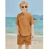 Arshiner Boy’s 2 Pieces Linen Sets Short Sleeve Henley Shirt and Shorts Summer Beach Matching Outfits 5-12 Years(Light Brown)