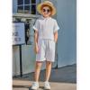 Arshiner Boy’s 2 Pieces Linen Sets Short Sleeve Henley Shirt and Shorts Summer Beach Matching Outfits 5-12 Years(White)
