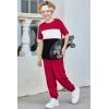 Arshiner Boy’s Pants Set – 2 Piece ColorBlock Short Sleeve T-Shirt and Active Pants – Casual Clothing Outfits 5-12 Years(Wine Red)