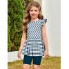 Arshiner Girls 2 Piece Outfit Ruffle Sleeve Peplum Top And Biker Shorts Lightweight Breathable Summer Clothing Set(Blue Striped)