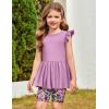 Arshiner Girls 2 Piece Outfit Ruffle Sleeve Peplum Top And Biker Shorts Lightweight Breathable Summer Clothing Set(Purple Flower)