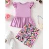 Arshiner Girls 2 Piece Outfit Ruffle Sleeve Peplum Top And Biker Shorts Lightweight Breathable Summer Clothing Set(Purple Flower)