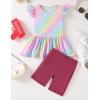 Arshiner Girls 2 Piece Outfit Ruffle Sleeve Peplum Top And Biker Shorts Lightweight Breathable Summer Clothing Set(Rainbow Tie Dye)