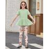 Arshiner Girls 2 Piece Outfits Casual Clothing Sets Short Sleeve Mesh Hem Roundneck Tops and Leggings Pants 2-10 Years(Light Green&floral)
