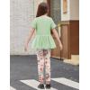 Arshiner Girls 2 Piece Outfits Casual Clothing Sets Short Sleeve Mesh Hem Roundneck Tops and Leggings Pants 2-10 Years(Light Green&floral)