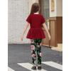 Arshiner Girls 2 Piece Outfits Casual Clothing Sets Short Sleeve Mesh Hem Roundneck Tops and Leggings Pants 2-10 Years(Red&floral)