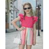 Arshiner Girls 2 Piece Outfits Summer Clothes Ruffle Short Sleeve Shirts Top and High Waist Paper Bag Shorts Set with Pockets(Hot Pink-strips)