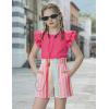 Arshiner Girls 2 Piece Outfits Summer Clothes Ruffle Short Sleeve Shirts Top and High Waist Paper Bag Shorts Set with Pockets(Hot Pink-strips)