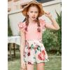 Arshiner Girls 2 Piece Outfits Summer Clothes Ruffle Short Sleeve Shirts Top and High Waist Paper Bag Shorts Set with Pockets(Pink-flower)