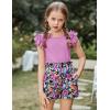 Arshiner Girls 2 Piece Outfits Summer Clothes Ruffle Short Sleeve Shirts Top and High Waist Paper Bag Shorts Set with Pockets(Purple-flower)