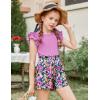 Arshiner Girls 2 Piece Outfits Summer Clothes Ruffle Short Sleeve Shirts Top and High Waist Paper Bag Shorts Set with Pockets(Purple-flower)