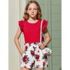 Arshiner Girls 2 Piece Outfits Summer Clothes Ruffle Short Sleeve Shirts Top and High Waist Paper Bag Shorts Set with Pockets(Red-flower)
