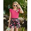Arshiner Girls 2 Piece Outfits Summer Clothes Ruffle Short Sleeve Shirts Top and High Waist Paper Bag Shorts Set with Pockets(Rose Red-flower)