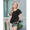 Arshiner Girls 2 Piece Outfits Summer Clothes Square Neck Puffed Sleeve Bubble Hem Tops Shirt and Casual Short Set(Black-hawaii Flower)